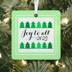 Cute Rows of Green Christmas Trees Joy Custom Year Metal Ornament