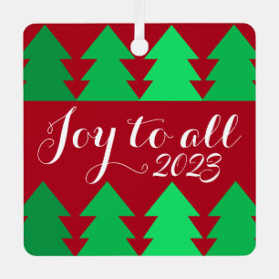 Cute Rows of Green Christmas Trees Joy Custom Year Metal Ornament