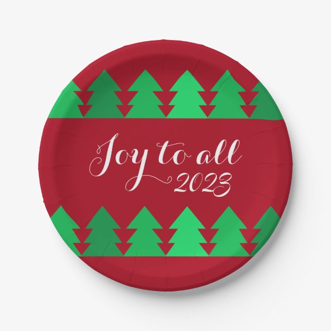 Cute Rows of Green Christmas Trees Joy Custom Year Paper Plates (Front)