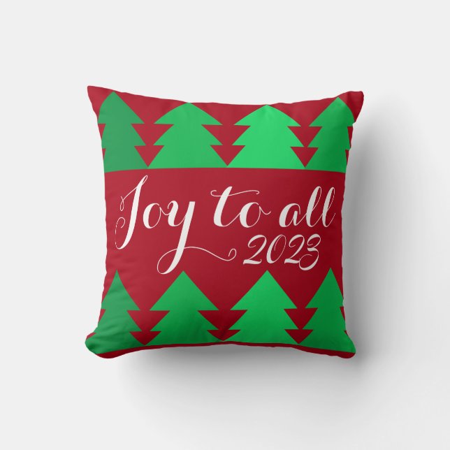 Cute Rows of Green Christmas Trees Joy Custom Year Throw Pillow (Front)