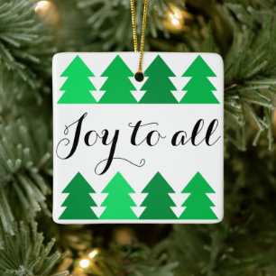 Cute Rows of Green Christmas Trees Joy to All Ceramic Ornament