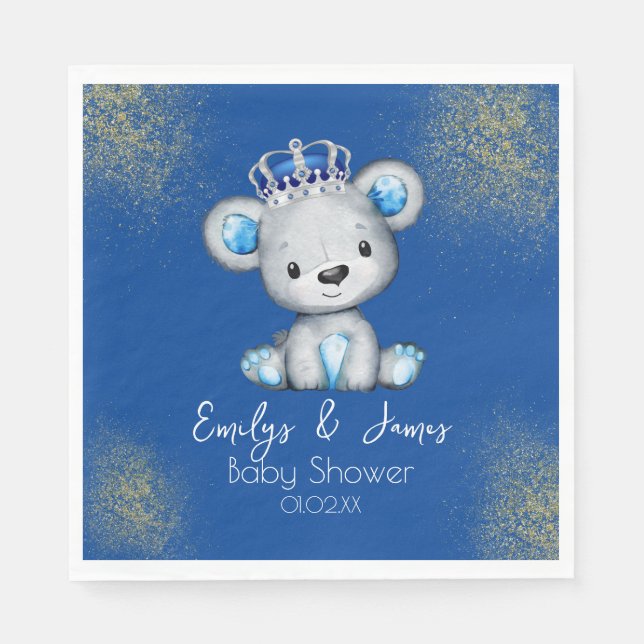 Cute Royal Blue Bear Boy Baby Shower  Napkins (Front)
