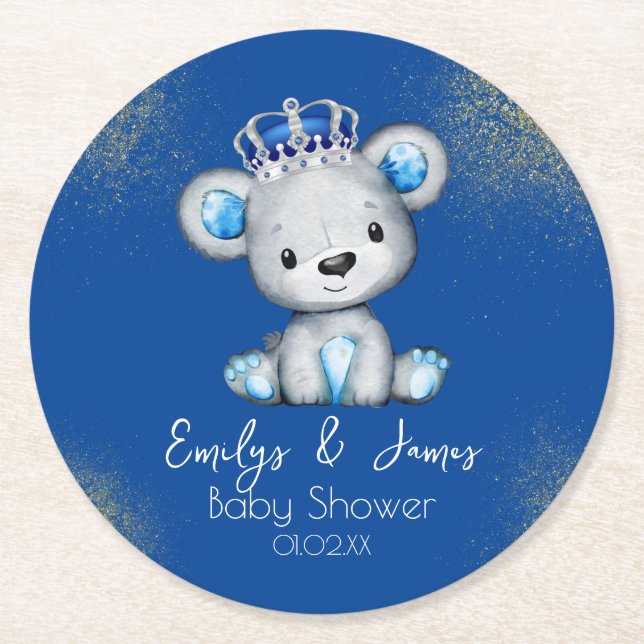 Cute Royal Blue Bear Boy Baby Shower  Round Paper Coaster (Front)