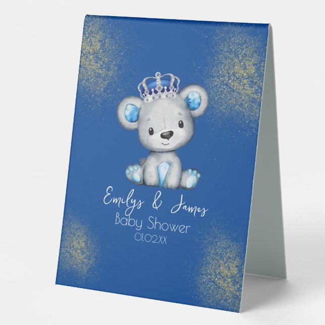 Cute Royal Blue Bear Boy Baby Shower  Table Tent (Front)