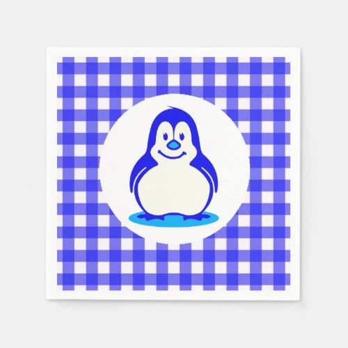 Cute Royal Blue Gingham and Smiling Blue Penguin Paper Napkins