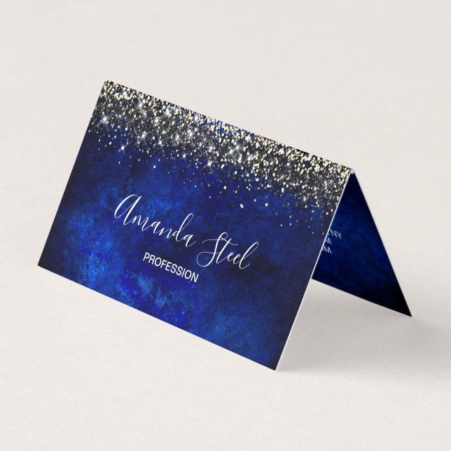Cute royal blue gold faux glitter business card (Front)
