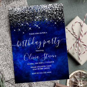 Cute royal blue gold faux glitter invitation