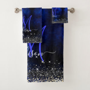 Cute royal blue gold faux glitter monogram bath towel set
