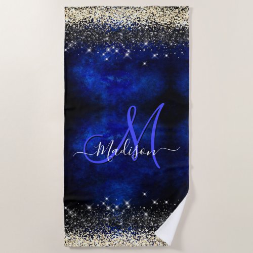 Cute royal blue gold faux glitter monogram beach towel