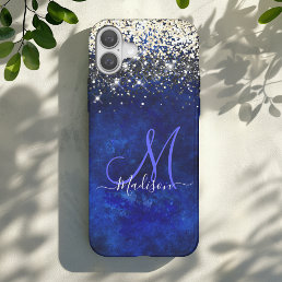 Cute royal blue gold faux glitter monogram iPhone 16 case