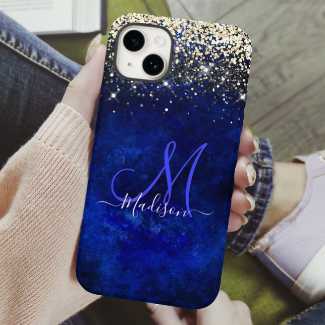 Cute royal blue gold faux glitter monogram Case-Mate iPhone case (Creator Uploaded)