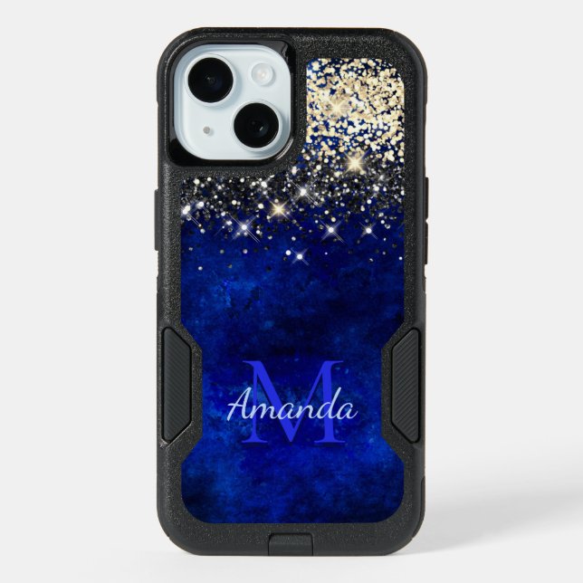 Cute royal blue gold faux glitter monogram iPhone 15 case (Back)