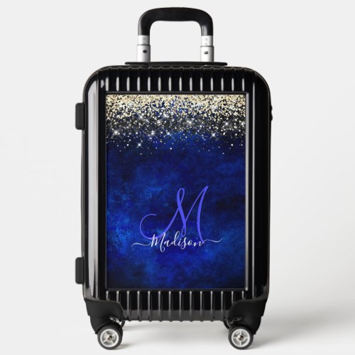 Cute royal blue gold faux glitter monogram luggage