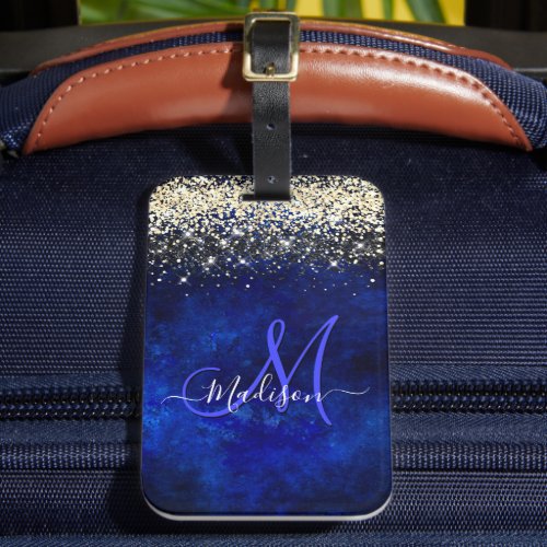 Cute royal blue gold faux glitter monogram luggage tag