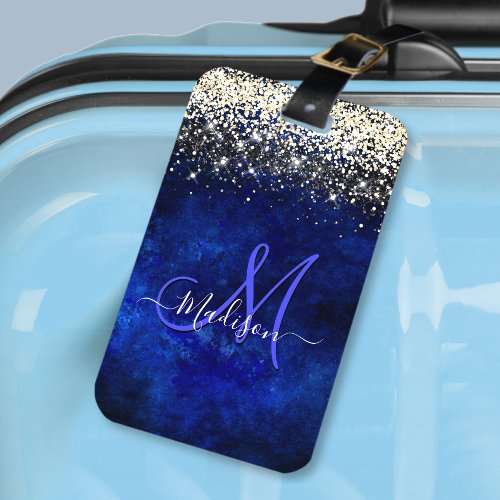 Cute royal blue gold faux glitter monogram luggage tag