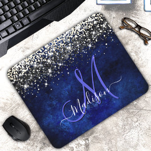 Cute royal blue gold faux glitter monogram mouse pad