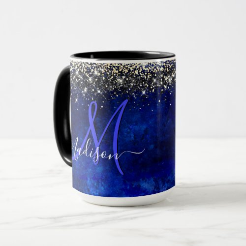 Cute royal blue gold faux glitter monogram mug