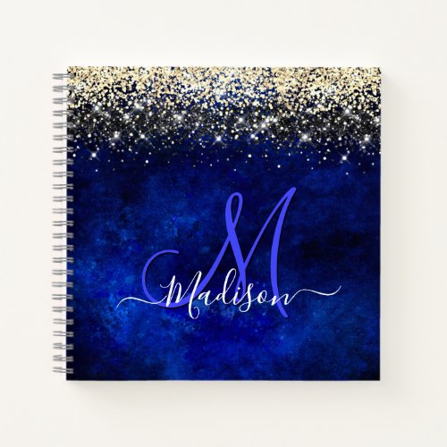 Cute royal blue gold faux glitter monogram notebook