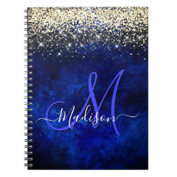 Cute royal blue gold faux glitter monogram notebook