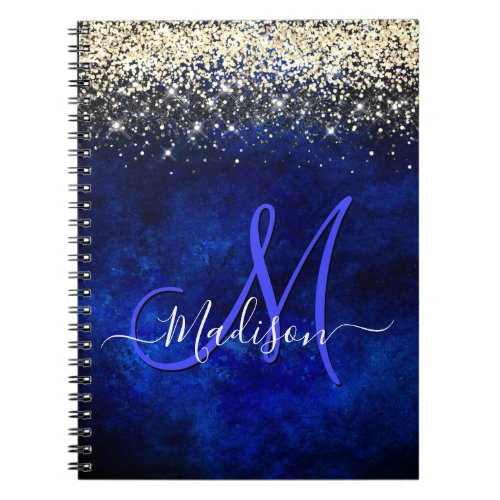 Cute royal blue gold faux glitter monogram notebook