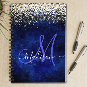 Cute royal blue gold faux glitter monogram notebook