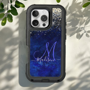 Cute royal blue gold faux glitter monogram iPhone 16 pro case