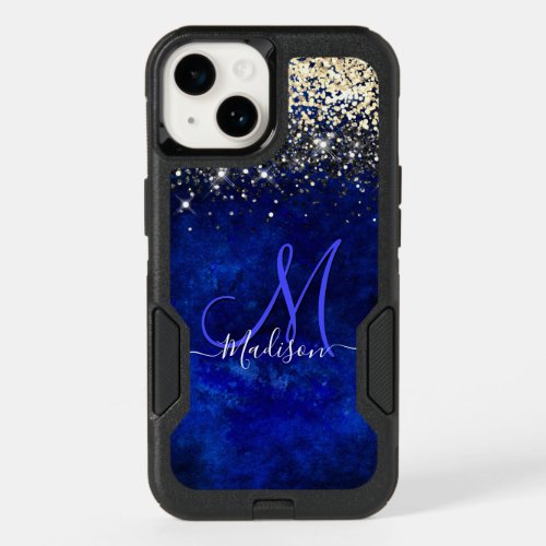 Cute royal blue gold faux glitter monogram OtterBox iPhone 14 case