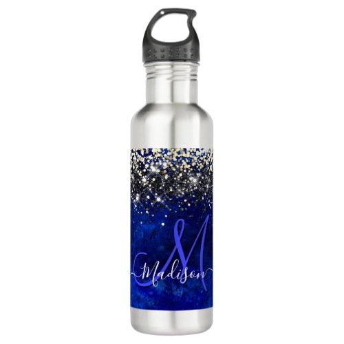 Cute royal blue gold faux glitter monogram stainless steel water bottle