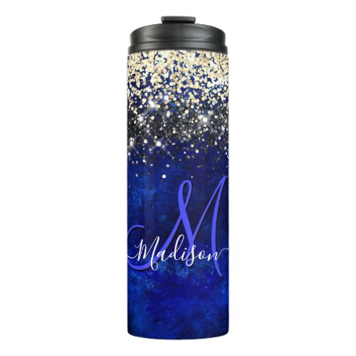 Cute royal blue gold faux glitter monogram thermal tumbler