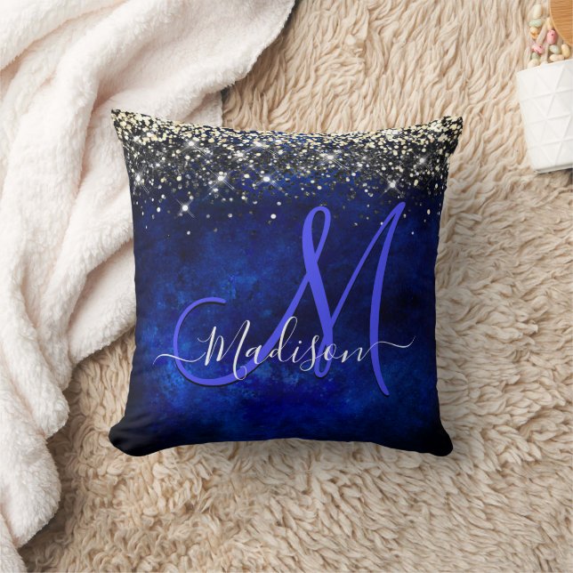 Cute royal blue gold faux glitter monogram throw pillow (Blanket)