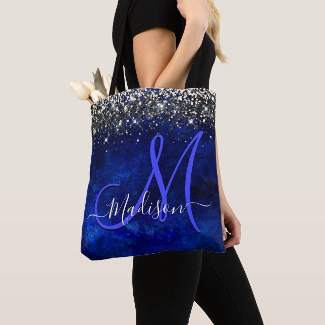 Cute royal blue gold faux glitter monogram tote bag (Close Up)