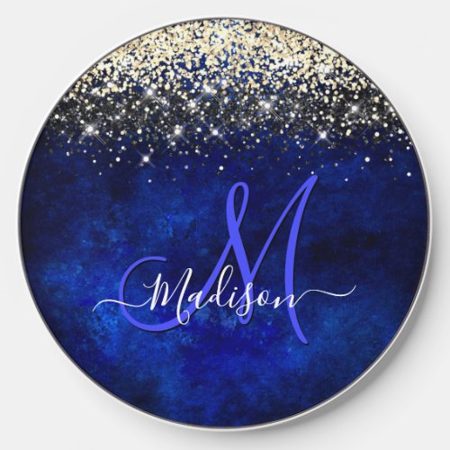 Cute royal blue gold faux glitter monogram wireless charger 