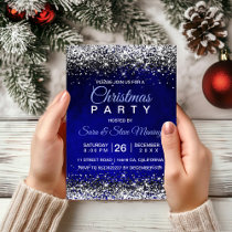 Cute royal blue silver faux glitter Christmas  Invitation