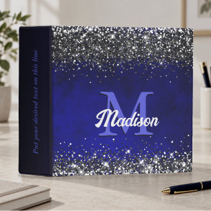 Cute royal blue silver faux glitter monogram 3 ring binder