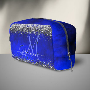 Cute royal blue silver faux glitter monogram acces dopp kit