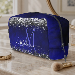 Cute royal blue silver faux glitter monogram acces dopp kit