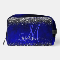 Cute royal blue silver faux glitter monogram acces