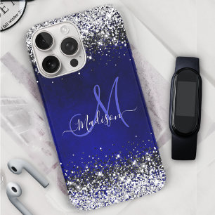Cute royal blue silver faux glitter monogram Case- iPhone 16 Pro Case
