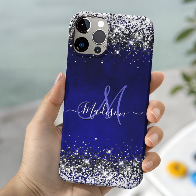 Cute royal blue silver faux glitter monogram Case- Case-Mate iPhone Case (Creator Uploaded)