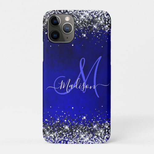 Cute royal blue silver faux glitter monogram iPhone 11 pro case