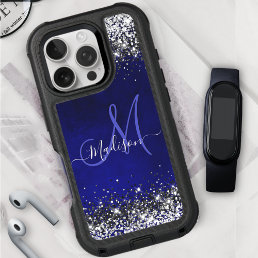 Cute royal blue silver faux glitter monogram Case- iPhone 16 Pro Case