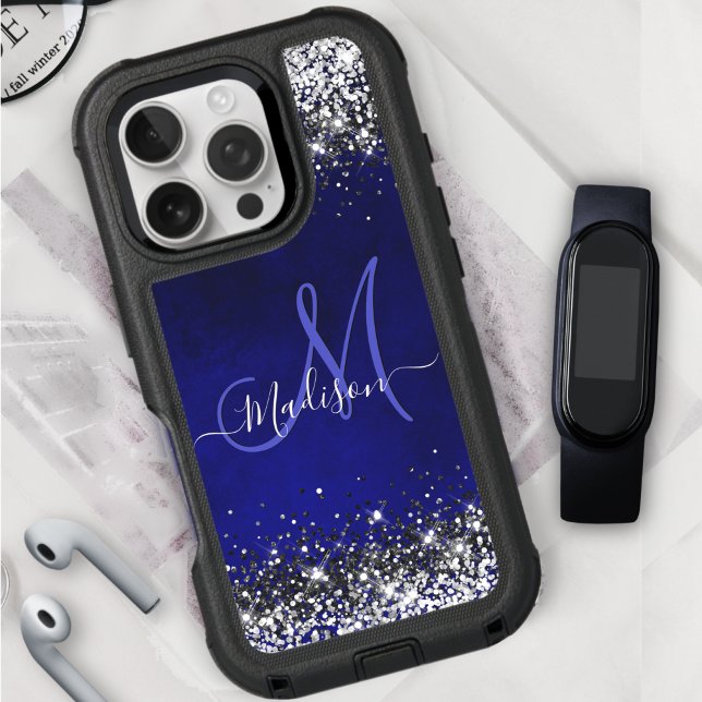 Cute royal blue silver faux glitter monogram Case- Otterbox iPhone Case (Creator Uploaded)