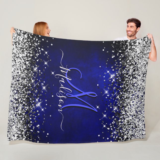 Cute royal blue silver faux glitter monogram fleece blanket (In Situ)