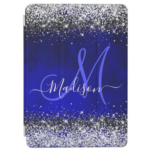 Cute royal blue silver faux glitter monogram iPad air cover