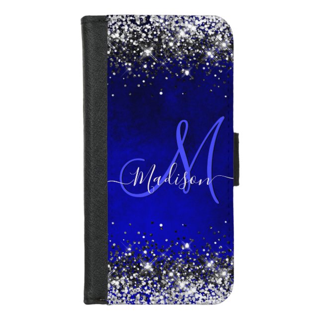 Cute royal blue silver faux glitter monogram iPhone wallet case (Front)