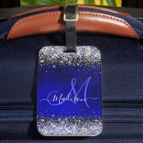 Cute royal blue silver faux glitter monogram luggage tag