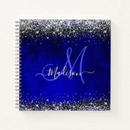 Cute royal blue silver faux glitter monogram notebook