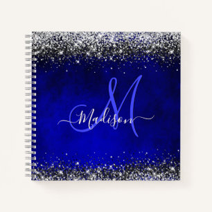 Cute royal blue silver faux glitter monogram notebook