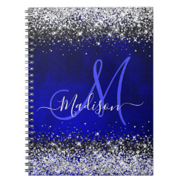 Cute royal blue silver faux glitter monogram notebook