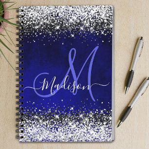 Cute royal blue silver faux glitter monogram notebook